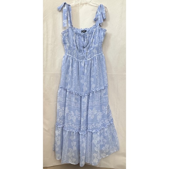 Trixxi Milkmaid Tiered Maxi Dress L Blue Floral Tie Strap Smocked Ruffle Peasant - Picture 2 of 13